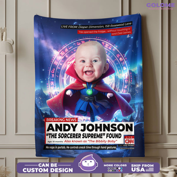 Personalized Sorcerer Baby Blanket – Custom CNN Superhero Design with Magic Quote & Photo